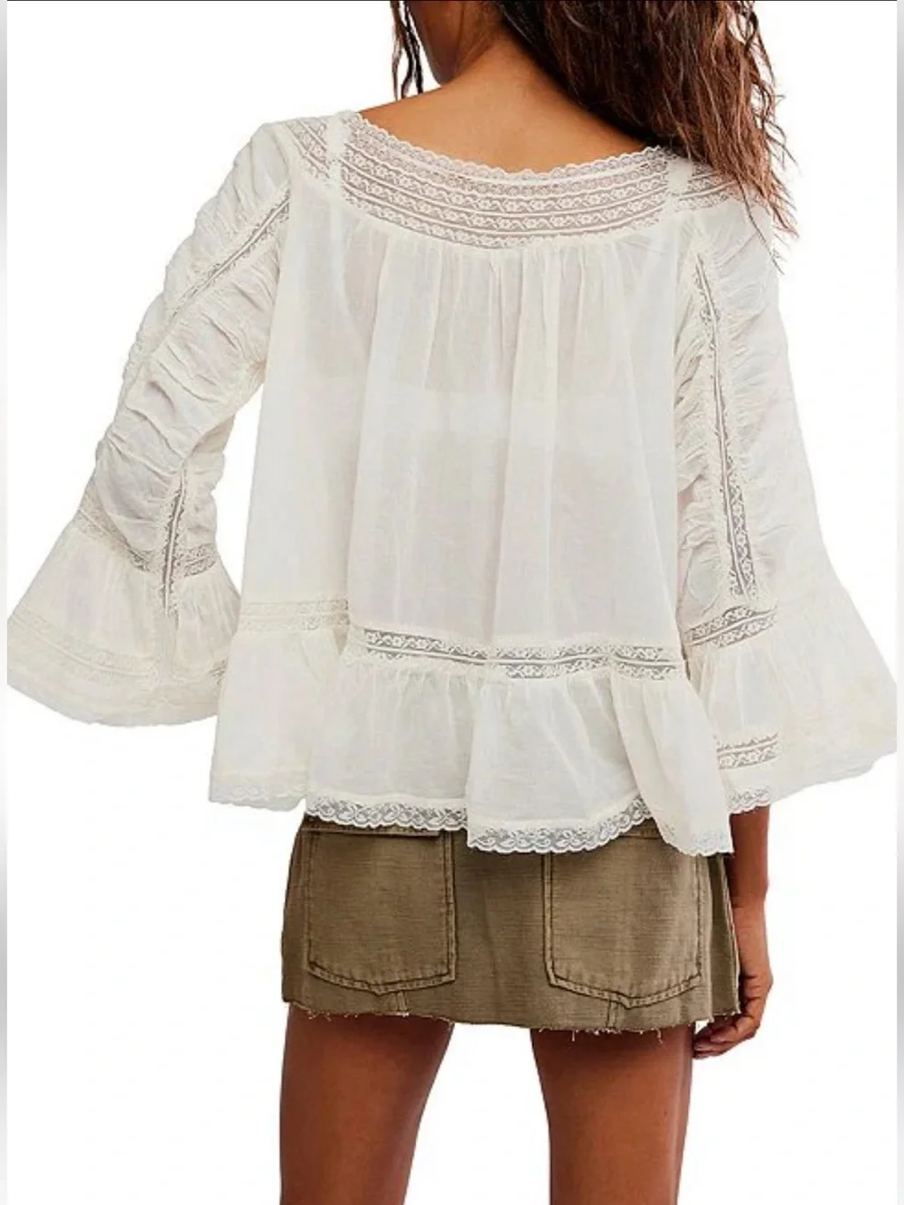 NWT🌷(XS) Free People She’s a Romantic Boat Neck Bell Sleeve Lace Paneling Blouse